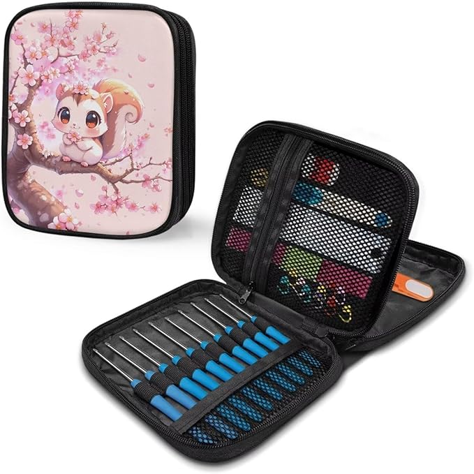 Hechitok Squirrel Cherry Blossom Crochet Hook Case with Zipper and Web Pockets for Crochet Needles/Knitting Accessories Lightweight Organizer Bag for Crochet Hook Kit Tools
