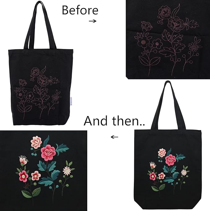 CREAWONDER Canvas Tote Bag Embroidery Kit with Pattern for Beginners, Arts and DIY Embroidery Crafts Kits for Adults, Include Instructions, Thimble, Embroidery Hoops, Color Threads and Tool