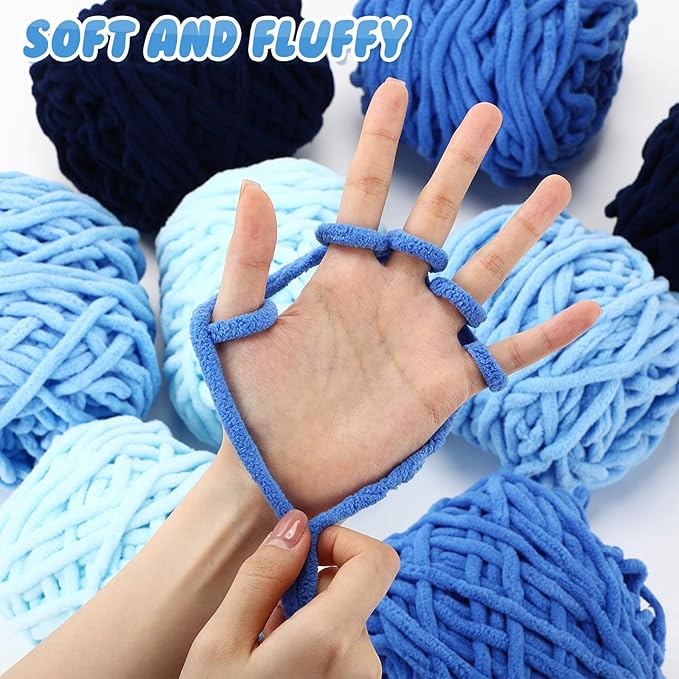 Buryeah 8 Pack Chunky Chenille Yarn for Crocheting Soft Thick Fluffy Yarn for Hand Knitting Bulky Velvet Blanket Plush for Weaving DIY Crafts Each 3.5 oz 55 Yards(Blue Series)