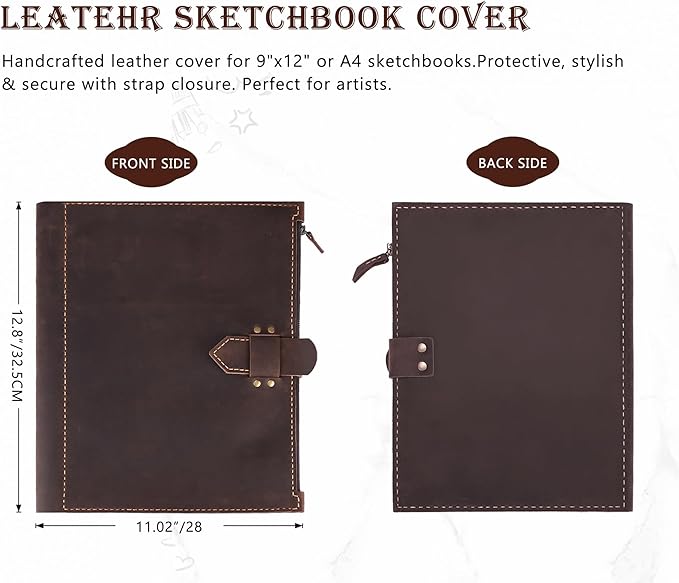 Leather Sketchbook Cover for A4/9"x12" sketch pads - Handmade Genuine Leather Artist Case with Pencil Holder & Zipper Pocket, Professional Drawing Supplies (D.Brown, 9"x12")