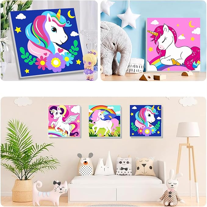 4 Pack Cartoon Paint by Number for Kids with Wooden Frame, Cartoon Paint by Numbers for Kids Ages 4-8-12, Easy Painting with Numbers DIY Acrylic Oil Painting Kits for Home Wall Decor (8X8 inch)