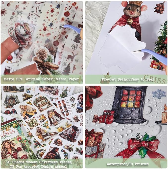 Christmas Wishes Scrapbook Stickers for Journaling Supplies, Pre-Cut Xmas Holiday Sticker Book for Junk Journals Scrapbooking Card Making Bujo, Planner, Album Craft, Adults