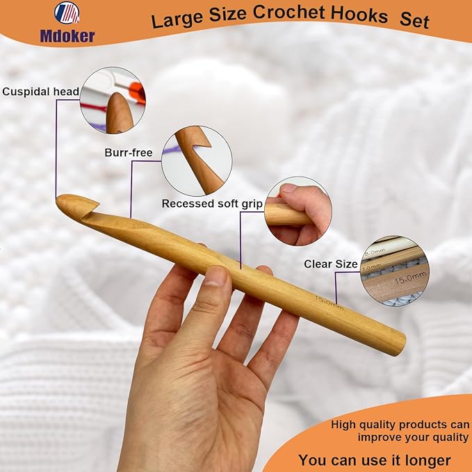 Mdoker 21pcs Huge Crochet Hook Set,Large Size 15mm 12mm 10mm 9mm 8mm 7mm Wooden Crochet Hooks with Case,Crocheting Hook Needles for Chunky Yarn,Size L M N P O Q(Wooden)