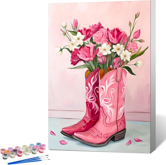 Framed Paint by Numbers Kit for Adults Beginner Pink Boot, Adult Paint by Number Kits on Canvas Framed Flower, DIY Acrylic Oil Painting by Numbers with Frame, Perfect for Home Decor Gift 8 X 12 Inch