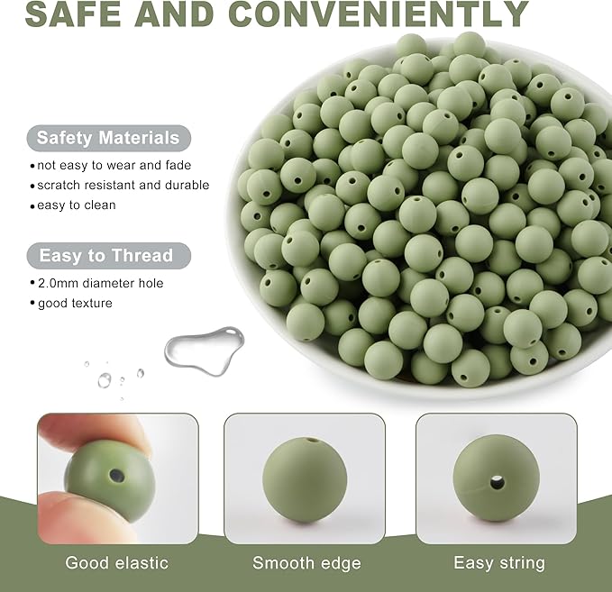 160Pcs 12mm Silicone Beads for Keychain Making Bracelet Necklace, Bulk Round Silicone Beads for Pens（Matcha Green）