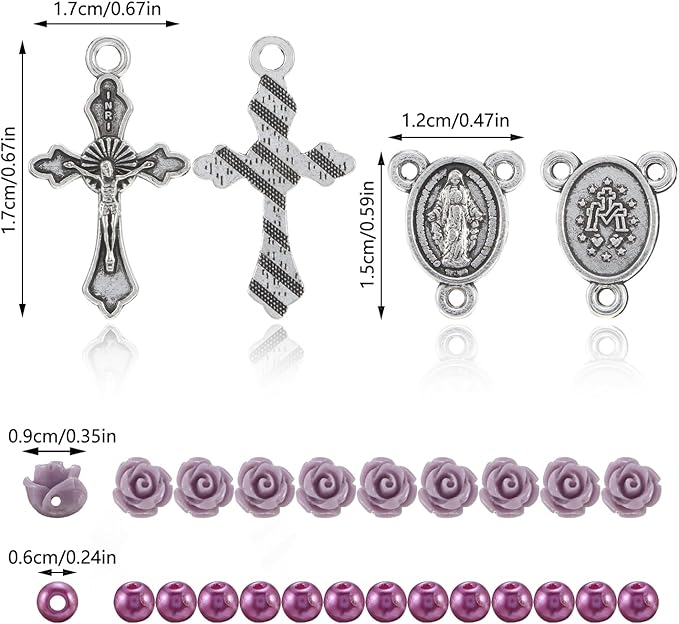 610Pcs Rosary Jewelry Making Kit, Rosary Pearl Beads Carved Rose Beads Rosary Cross Centerpiece Crucifix Medal, Rosary Prayer Making Supplies First Communion Necklace Bracelet Jewelry Making (Purple)