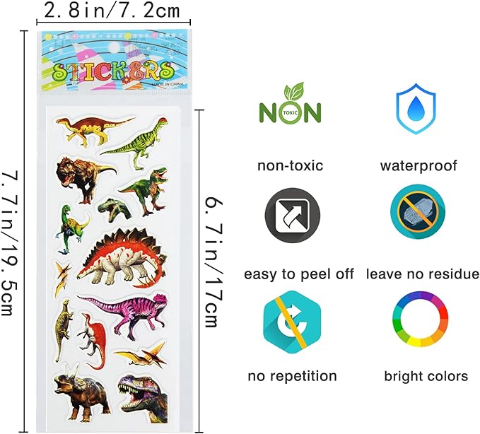 24 sheets(350+) dinosaur 3d puffy stickers for toddlers kids, bulk preschool sticker sheets for reward, craft, scrapbooking