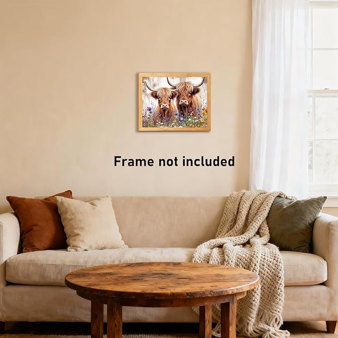 RLTXBUK Western Highland Cow Cross Stitch Kits, Rustic Cottagecore Wildflower Western Cattle Stamped Counted Cross Stitch Kits for Adults, Highland Cow Gifts for Women, 11.8x15.8 Inch