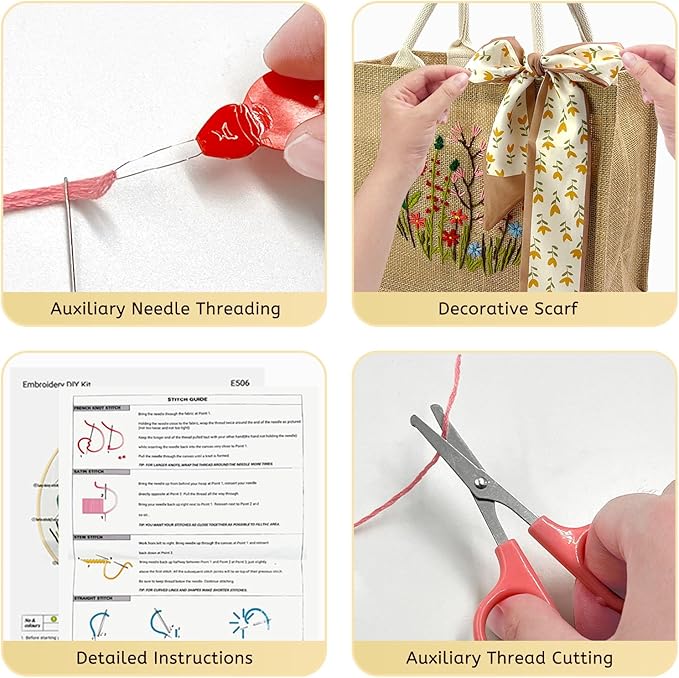 SNAIL GARDEN Linen Tote Bag DIY Embroidery Kit for Beginners with Scarf, Printed Cross Stitch Craft Kit with Thread, Needle & Guide – Reusable Grocery Bag for Women