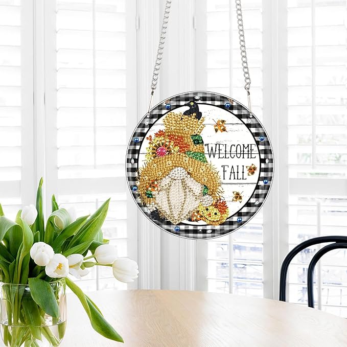 AiYuanzsh Welcome Fall Diamond Painting Hanging Kit, DIY Gnome Crystal Acrylic Pendant Ornament, 5D Diamond Art Hanging for Adults, Autumn Thanksgiving Wall, Window, Door Decoration