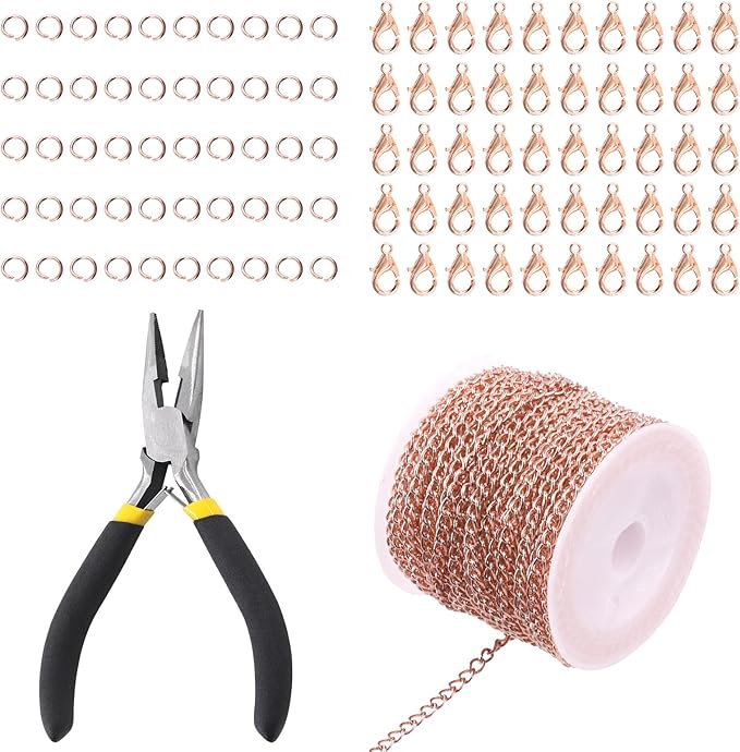 Rustark 102Pcs 4mm 30 Feet Rose Gold Jewelry Making Chains Kit Thin Necklace Bracelet Chain Twisted Links Curb Chain with Jump Rings Lobster Clasps and Pliers for Bracelet Necklace Jewelry Making