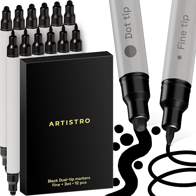 ARTISTRO 12 Black Acrylic Paint Markers for Rock, Fabric, Wood, Glass, Eggs - Dual-Tip Paint Pens for Coloring Books for Adults, Teens, Kids - Art & Craft Supplies - Gift Idea - Easter Basket Stuffers