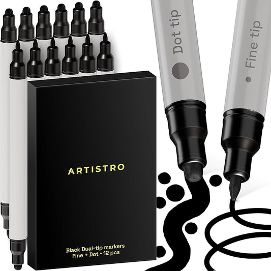 ARTISTRO 12 Black Acrylic Paint Markers for Rock, Fabric, Wood, Glass, Eggs - Dual-Tip Paint Pens for Coloring Books for Adults, Teens, Kids - Art & Craft Supplies - Gift Idea - Easter Basket Stuffers
