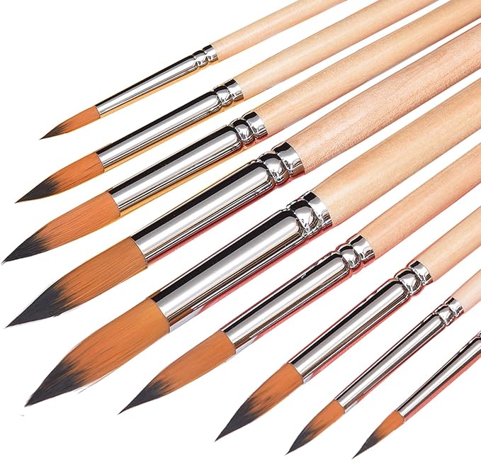 Artist Watercolor Brushes Set,9 Pcs Professional Painting Kits with Long Handle Soft Nylon Hair Round Tips Brushes for Acrylic Oil Watercolor Gouache (Pointed-Round)