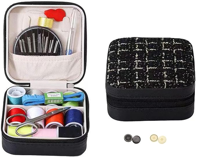 Mini Sewing Kit in Stylish Leather Case – Complete Set with Scissors,Needles,Thread & More, Fashion Box for Store Jewelry– Perfect for Beginners & Travel (ChicBlack)