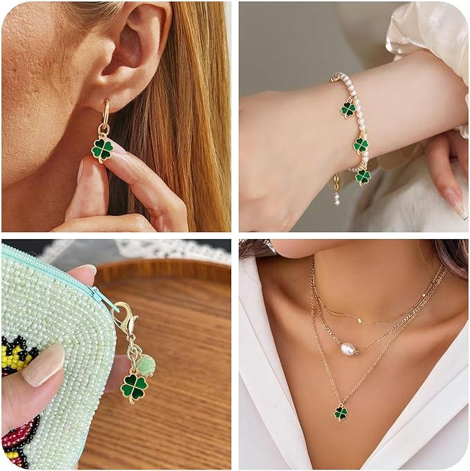 Cheriswelry 50Pcs Green Clover Charms Shamrock Four Leaf Lucky Pendants St. Patrick's Day Enamel Alloy Pendants 18x12x1.3mm for DIY Crafts Necklace Bracelet Earring Jewelry Making