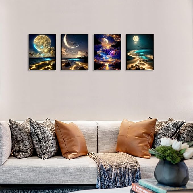 Muzagroo Art Moon Diamond Painting Kits for Adults 5D Diamond Art Kits for Beginners DIY Diamond Arts and Crafts for Living Room Diamond dots Kits Kids Room 4 PCS Wall Art(Moon)
