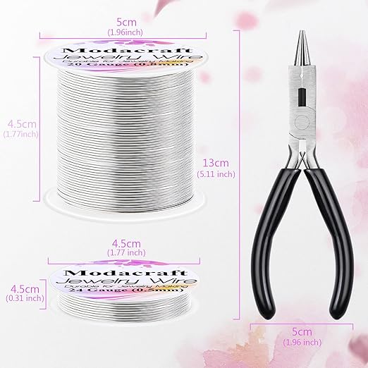 3Rolls 20/24 Gauge Silver Wire with 4 in 1 Jewelry Pliers, Modacraft Tarnish Resistant 20 Gauge Craft Wire 24 Gauge Jewelry Wire for Jewelry Making Supplies and Craft