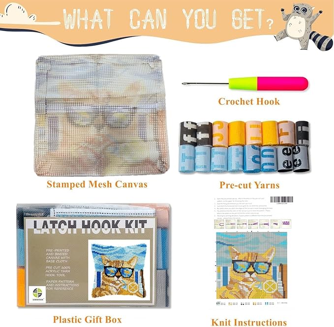 EMISTEM Latch Hook Kits for Adults - Latch Hook Pillow Kits, Crochet Yarn Kit for Beginners, Cross-Stitch Embroidery Cushion Cover Case with Printed Canvas. (Sunglasses Cat,17x17 inch)
