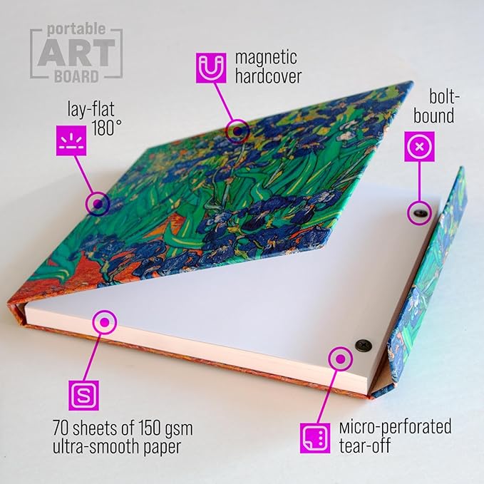 Magnetic Hardcover Drawing Pad – Ultra-Smooth Thick Marker Paper 150 GSM, 70 Tear-Out Sheets, Sketch Pad for Pen and Ink, Artist Sketch Book (Irises, 8,5x7,7 in)