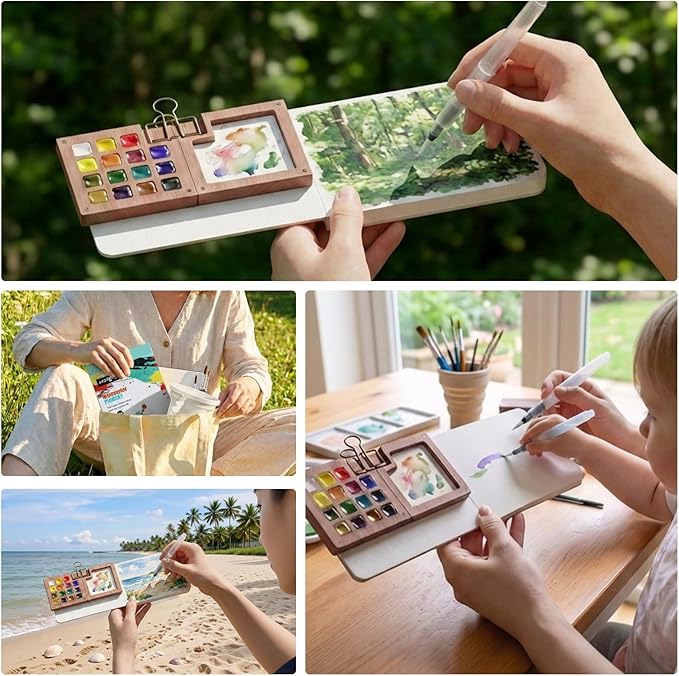 Mini Watercolor Paint Set, Watercolor Travel Set, 24-Color Pocket Watercolor Set with 15 Grids Paint Palette, Watercolor Journal, Cup, Bag, Spray Bottle, Pencil & Water Brush, for Art Lovers