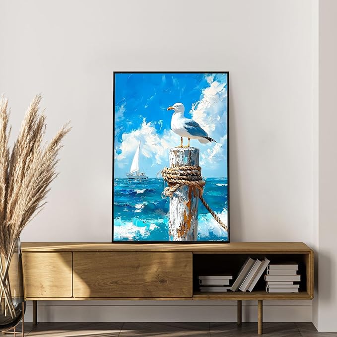 Framed Paint by Numbers Kit for Adults Beginner Seagull, Adult Paint by Number Kits on Canvas Framed Seascape, DIY Acrylic Oil Painting by Numbers with Frame, Perfect for Home Decor Gift 8 X 12 Inch