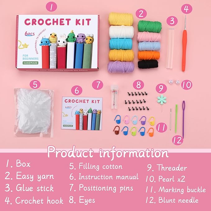 Kogyxe Crochet Kit for Beginners, Crochet Bookmark Kit with Step-by-Step Video Tutorials, Crochet Starter Kits for Beginners Decoration Readers Book Lovers, Animal Bookmarks (40%+ Yarn)
