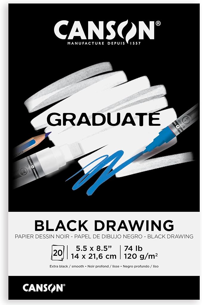 Canson Graduate Black Drawing Pad, Foldover, 5.5x8.5 inch, 20 Sheets | Artist Paper for Adults and Students - Drawing, Sketching and Art Journaling