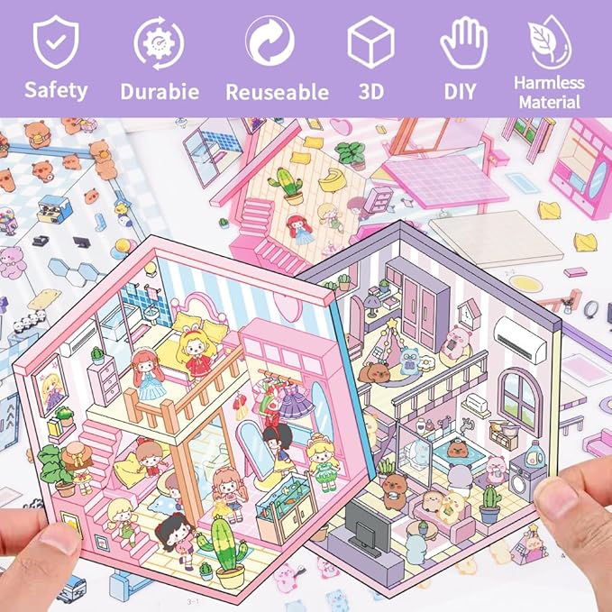 Scrapbooking Supplies Kit,DIY 3D Stickers Scene,3 Set Funny DIY Sticker Scenes,Make Your Own Cute 3D Miniature Room Scene Stickers for Adults Relief Stress Pass The Time.2-3-4