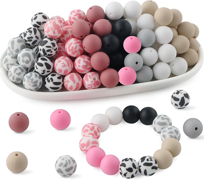 70Pcs Print Silicone Beads for Keychain Making,Round 15mm Silicone Beads for Pens, Necklace and Bracelets Making（Cow Print）