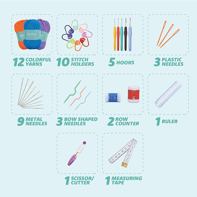 mira handcrafts crochet kit for beginners - essentials set with 12 acrylic yarn skeins and other knitting accessories, including ruler, hooks, needles, stitch holders, row counters, measuring tape