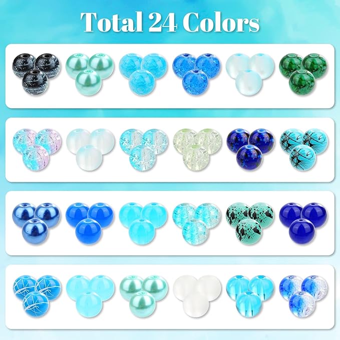 PAXCOO 720pcs Glass Beads for Jewelry Making 8mm, 24 Colors Bead Bracelet Making Kit Blue Round Loose Beads for Bracelet Earring Necklace Jewelry Making Supplies
