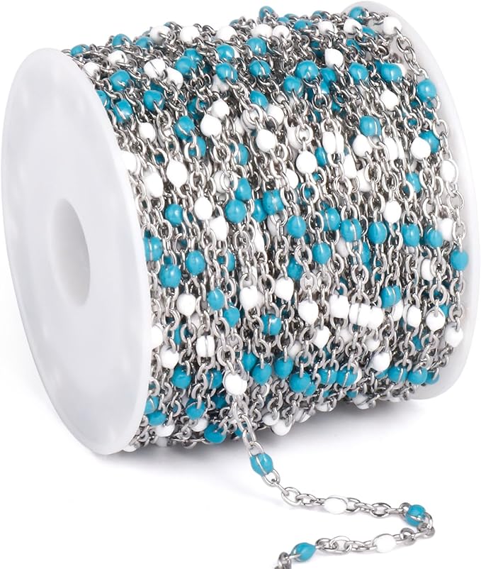 33 Feet Stainless Steel Enamel Chains Bulk, 2mm 304 Stainless Steel Blue White Enamel Beaded Cable Link Chain Roll Spool for Jewelry Making