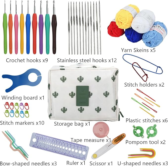 BJSSBJH Crochet Tools and Supplies Set, 57-Piece Crochet Hook Kit with Yarn and Accessories, Portable Craft Tool Kit for Adult Beginners and Experienced Crafters (C Style)