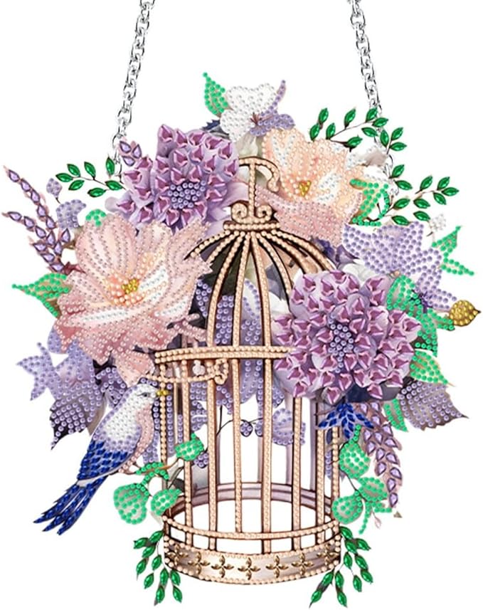 Flower Birdcage Design DIY Diamond Art Painting Wreath Kits Special Shaped Rhinestone Diamond Art Window Pendants Home Garden Wall Hanging Kits (Single Side Point Drill) (#11-Cat) (#02-Flower)