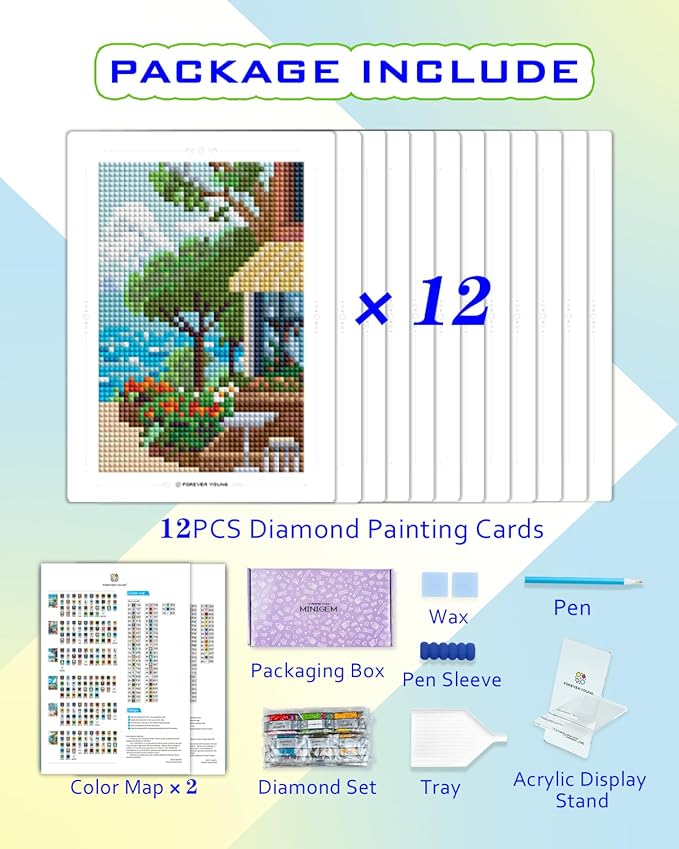 Foreveryoung Minigem Small Diamond Art Kits for Beginners, 12Pcs Resin Square Drill Diamond Painting Kits for Adults, 2-Hour Postcard-Style Mini Diamond Art 5x7 Inch – 2 Sets: Sea Echo & Dream Journey