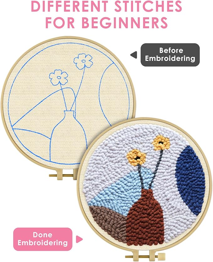 TINDTOP Punch Needle Kits, Punch Embroidery Kits for Adults Beginner, Tool with Punch Needle Fabric, Hoops, Yarns and Sewing Needles