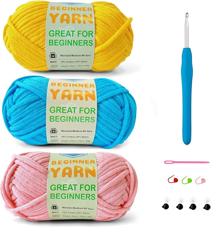 3 * 50g/1.76oz Yarn for Crocheting and Knitting, 3 * 60yds Beginner Yarn with Easy-to-See Stitches; Worsted-Weight Medium #4;Amigurumi-Friendly Crochet Kit(Yellow+Blue+Pink)