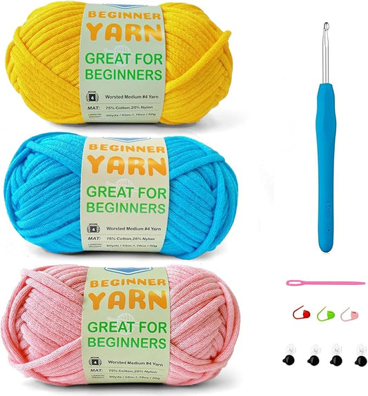 3 * 50g/1.76oz Yarn for Crocheting and Knitting, 3 * 60yds Beginner Yarn with Easy-to-See Stitches; Worsted-Weight Medium #4;Amigurumi-Friendly Crochet Kit(Yellow+Blue+Pink)