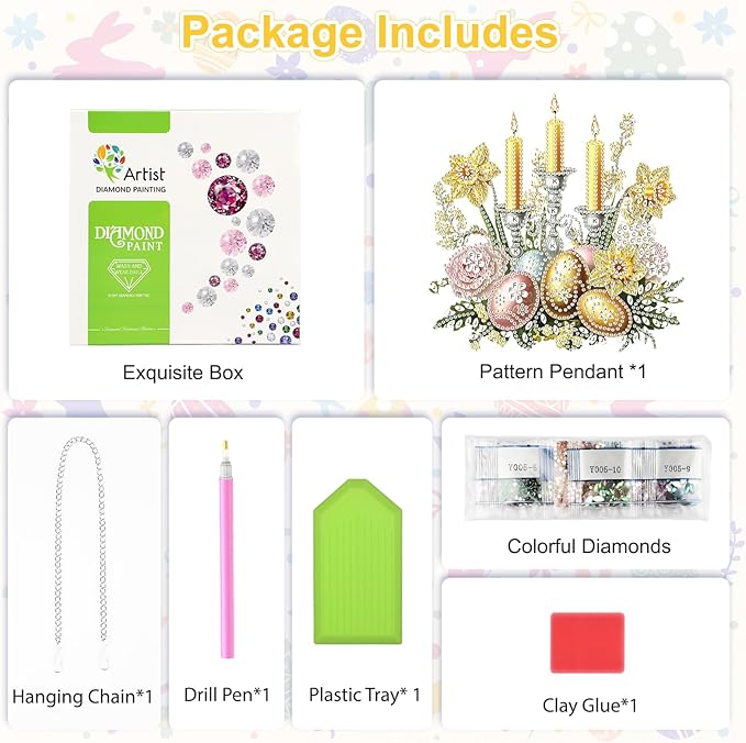Easter Diamond Art Hanging Ornaments Kits for Adults, Candle Diamond Painting Pendant Kits, DIY Acrylic 5D Special Shaped Crystal Gem Art Painting Ornament for Home Wall Easter Decor Gift 8x8 Inch