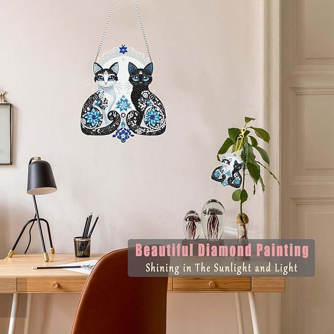 Masendp Two Cats Diamond Painting Hanging Decoration Kit, DIY Special-Shaped Rhinestone Window Hanging Kit, Suitable for Home and Garden Wall Decoration Gift