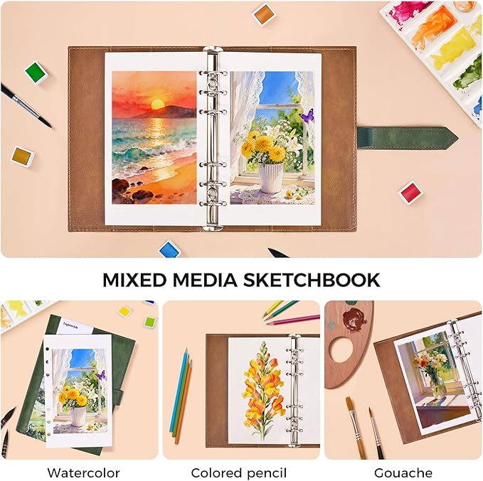 Lightwish Watercolor Sketchbook, 100% Cotton 300gsm Hot Press, 6.69" x 3.94", 20 Sheets, Binder Bound & Refillable, Acid Free Paper for Artists, Adults, Students, Travel Art Journal