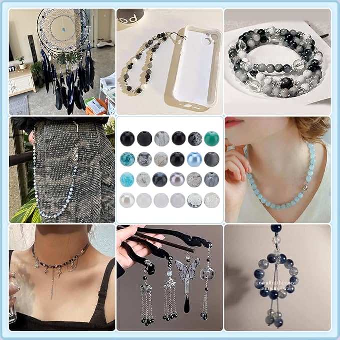 1080pcs 8mm Glass Beads 24 Color Black Bracelet Beads Round Crystal Glass Bead Marble Rosary Loose Bead for Bracelet Necklace Jewelry Making Supplies Women Men Eid Mubarak Ramadan Decoration