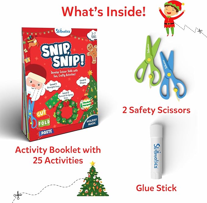 skillmatics scissor skills activity book - snip snip christmas, 25 fun cutting & creative activities for preschoolers, 2 child-safe scissors, felt craft kit, gifts for kids ages 3, 4, 5, 6, 7