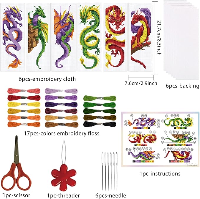 ORIGACH 6 Set Dragon and Loong Cross Stitch Bookmark Kit for Beginner with Backing Felt Floss Instructions DIY Stamped Embroidery Bookmark Kit for Adults, Book Lovers