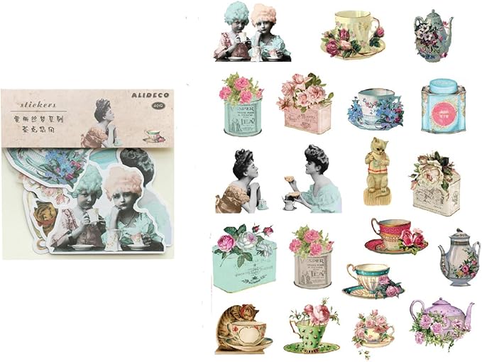 Alideco 80Pcs Vintage Victorian Tea Scrapbooking Stickers Scrapbook Paper Aesthetic Kawaii Girls Stickers for Journaling Assorted Phone Adult