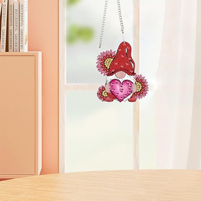 AiYuanzsh Love Gnome Diamond Painting Hanging Ornament, DIY 5D Diamond Art Pendant with Heart and Flowers, Special-Shaped Diamond Kit for Valentine's Day or Romantic Home Decoration
