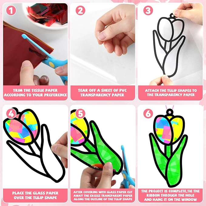 Lonfliness 32 Sets Spring Tulip Suncatchers Craft Kit DIY Window Stained Glass Effect Colorful Tulip Paper Crafts Home School Classroom Decoration Birthday Gift Creative Art Project & Activity Game