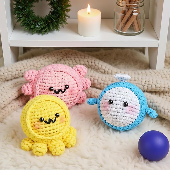 WaldyWop Crochet Kit for Beginners: 3PCS Crochet Animal Kit w/Stress Balls, Step-by-Step Video Tutorials - Wobbles DIY Craft Knitting Kit for Adults - Gifts for Teen Women (Dolphin, Octopus, Axolotl)