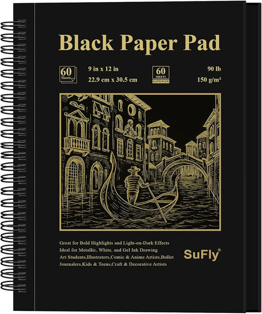 sufly black paper notebook, 60 sheets spiral bound sketch book 9x12, 90lb/150gsm black art paper for drawing and painting.